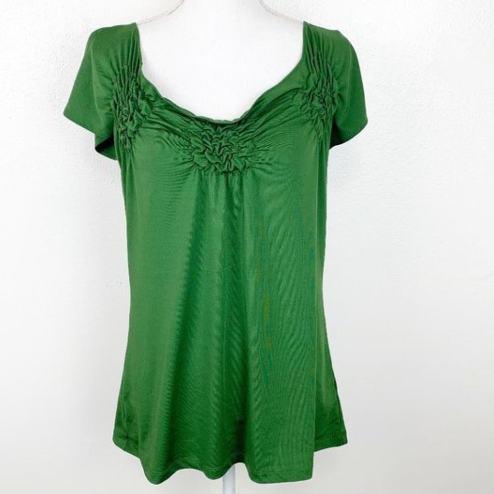 ECI NY Green Ruched Collar Short Sleeve Blouse